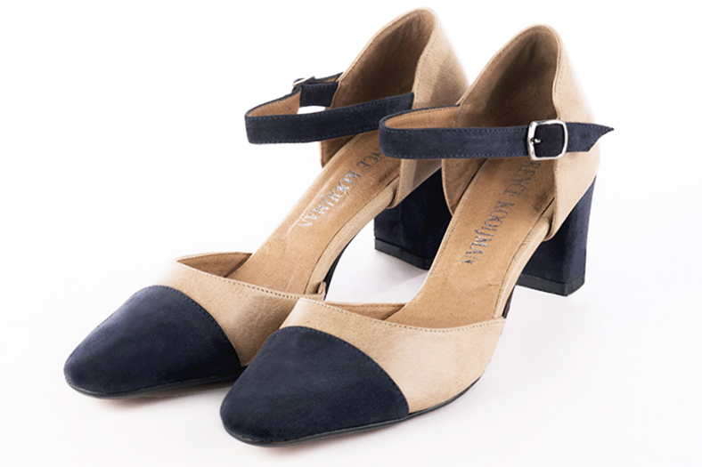 Navy blue and powder pink women's open side shoes, with an instep strap. Round toe. Medium block heels. Front view - Florence KOOIJMAN